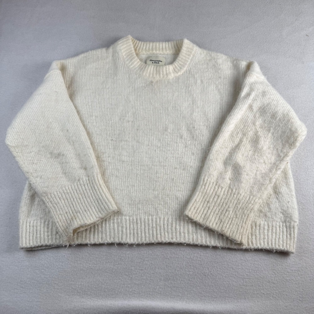 Abercrombie & Fitch Womens Cream White Knit Crewneck Sweater Size Large Relaxed